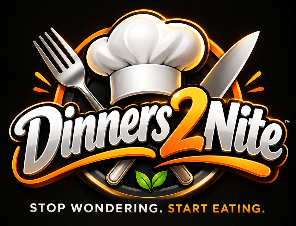 Dinners2Nite: a chef's hat between a fork and a knife, with the tagline Stop Wondering. Start Eating.